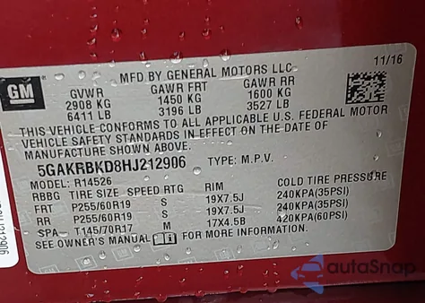 2017 Buick Enclave Leather z USA, uszkodzony, nr VIN 5GAKRBKD8HJ212906